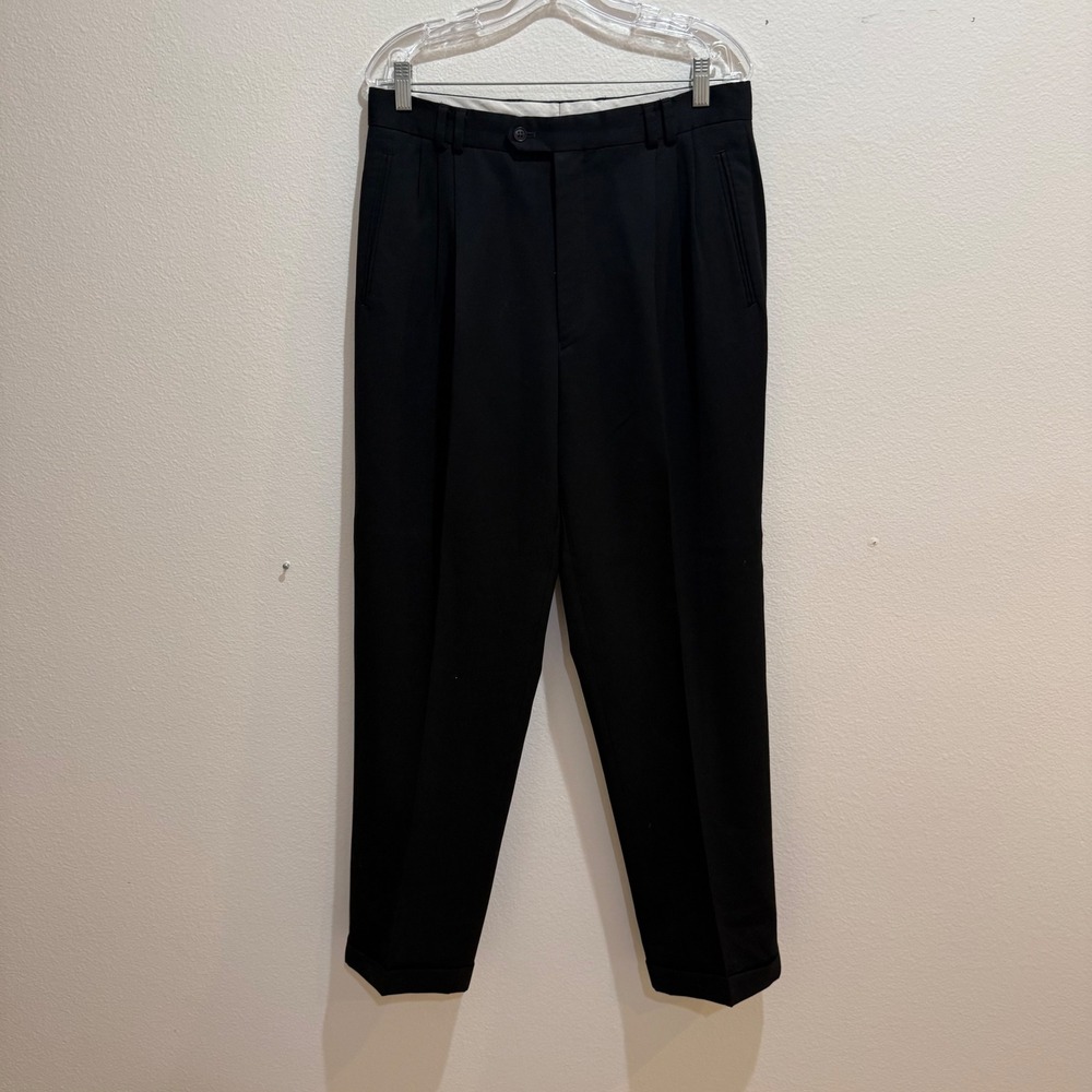 Louis Raphael Mens 34x32 Black 100% Pure Wool Pleated Cuffed Dress Pants